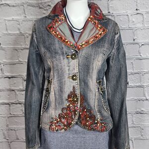 Italian BOHO Unlined Jean Jacket with Beads and Embroidery, Women's XS